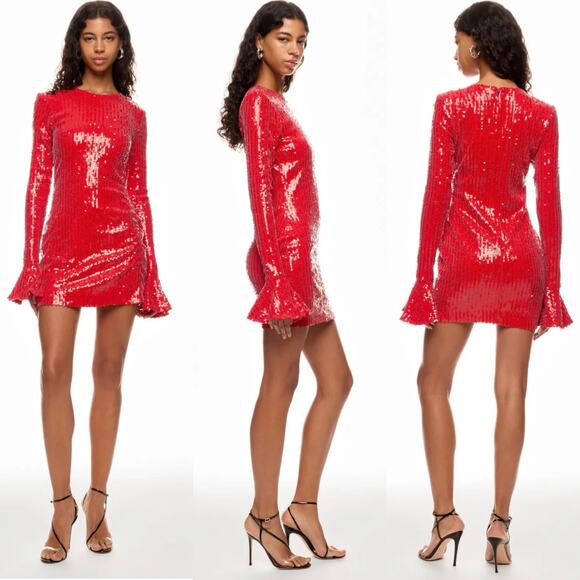 NWT ROTATE Birger Christensen Sequins Long Sleeve Mini Dress Red Cocktail Size 4 - Picture 14 of 16